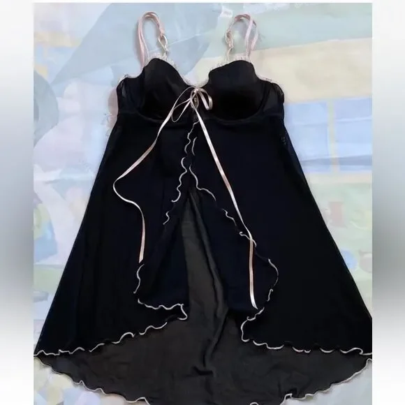 VTG Victoria’s Secret Black Mesh Sheer Babydoll Pink Trim Open FrontSize M - Picture 13 of 13